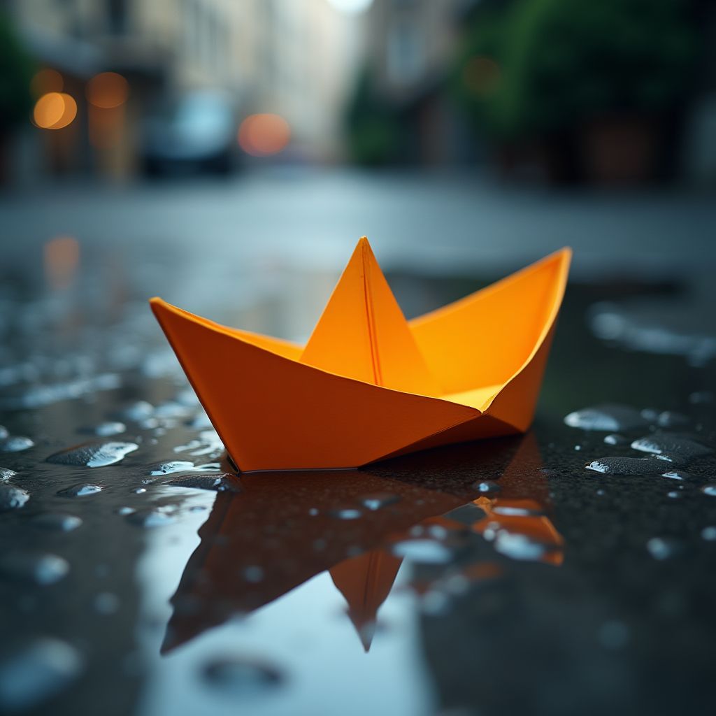 A paper boat floating in a rain puddle, close up, vivid saturated colour, glowing highlights, rich contrast, crisp photograph
