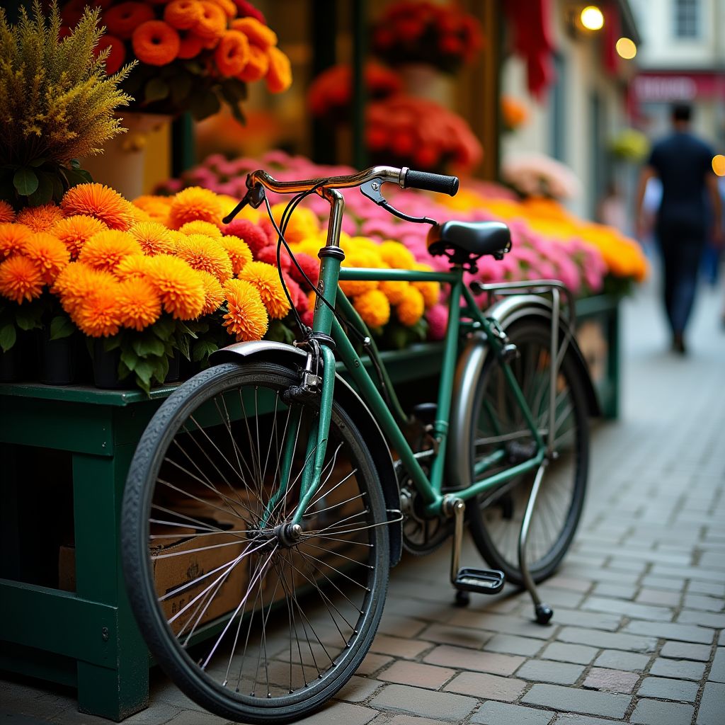 A vintage bicycle leaning on a stall at a flower market, vivid saturated colour, glowing highlights, rich contrast, crisp photograph