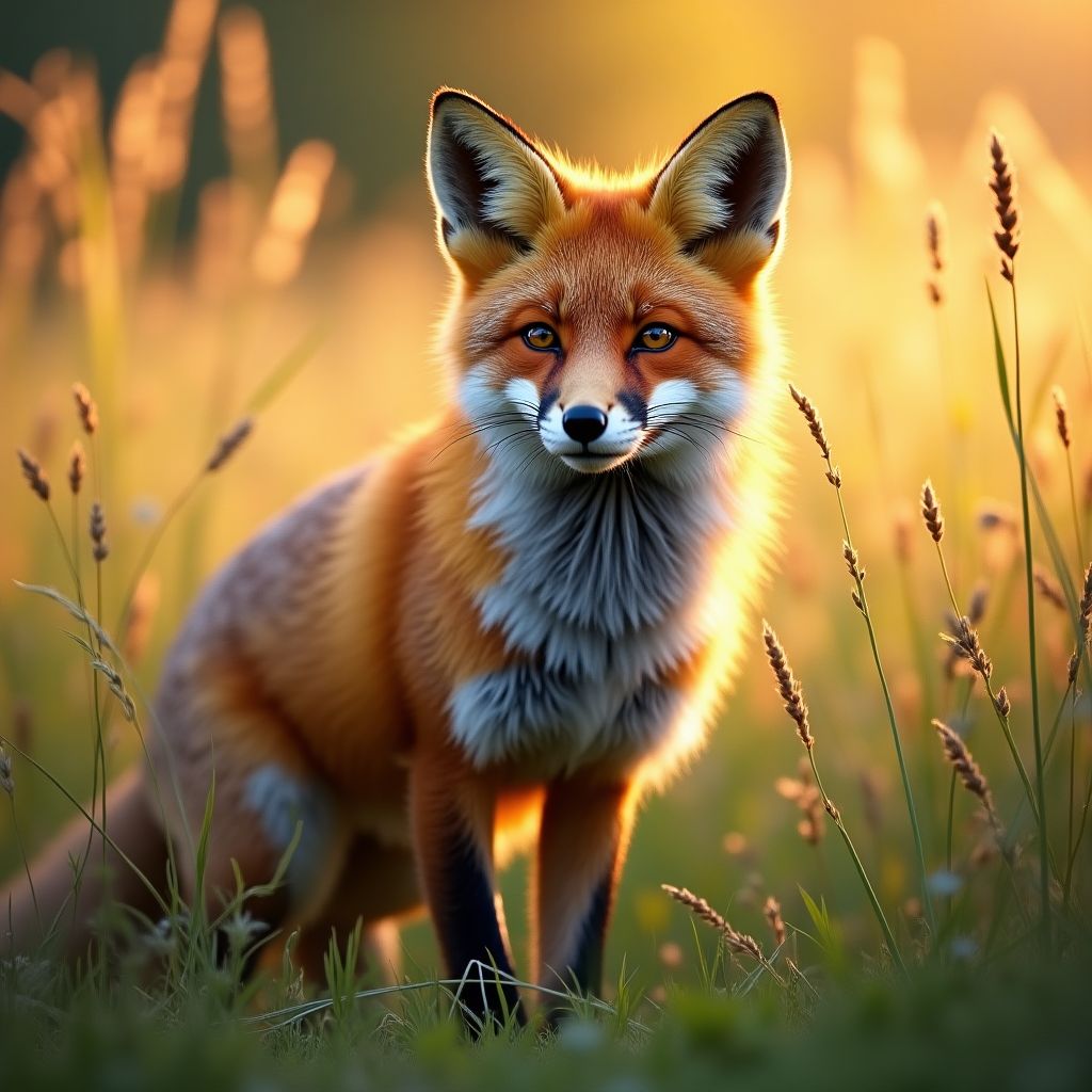 A red fox standing in tall grass, looking at the camera, vivid saturated colour, glowing highlights, rich contrast, crisp photograph
