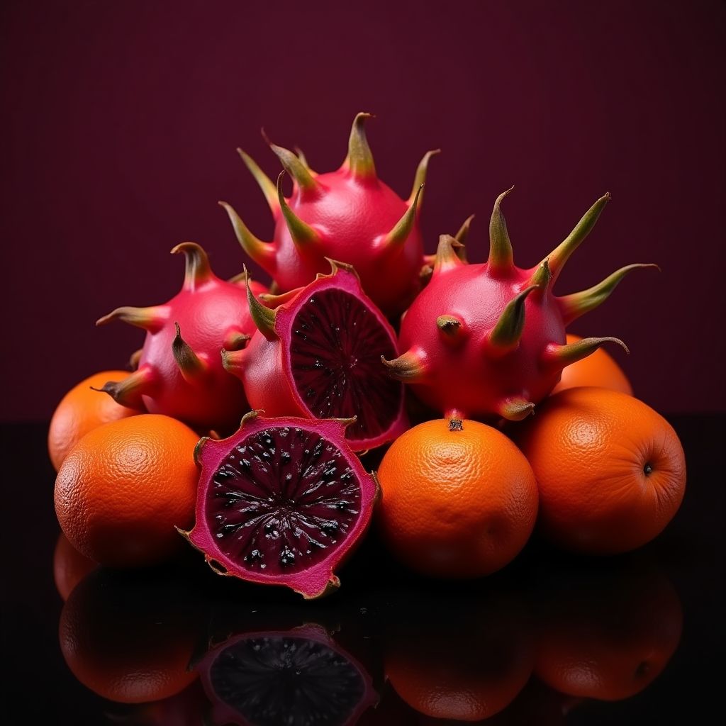 A glossy pile of dragon fruit and blood oranges on a black table, hard magenta and amber light, saturated studio photograph