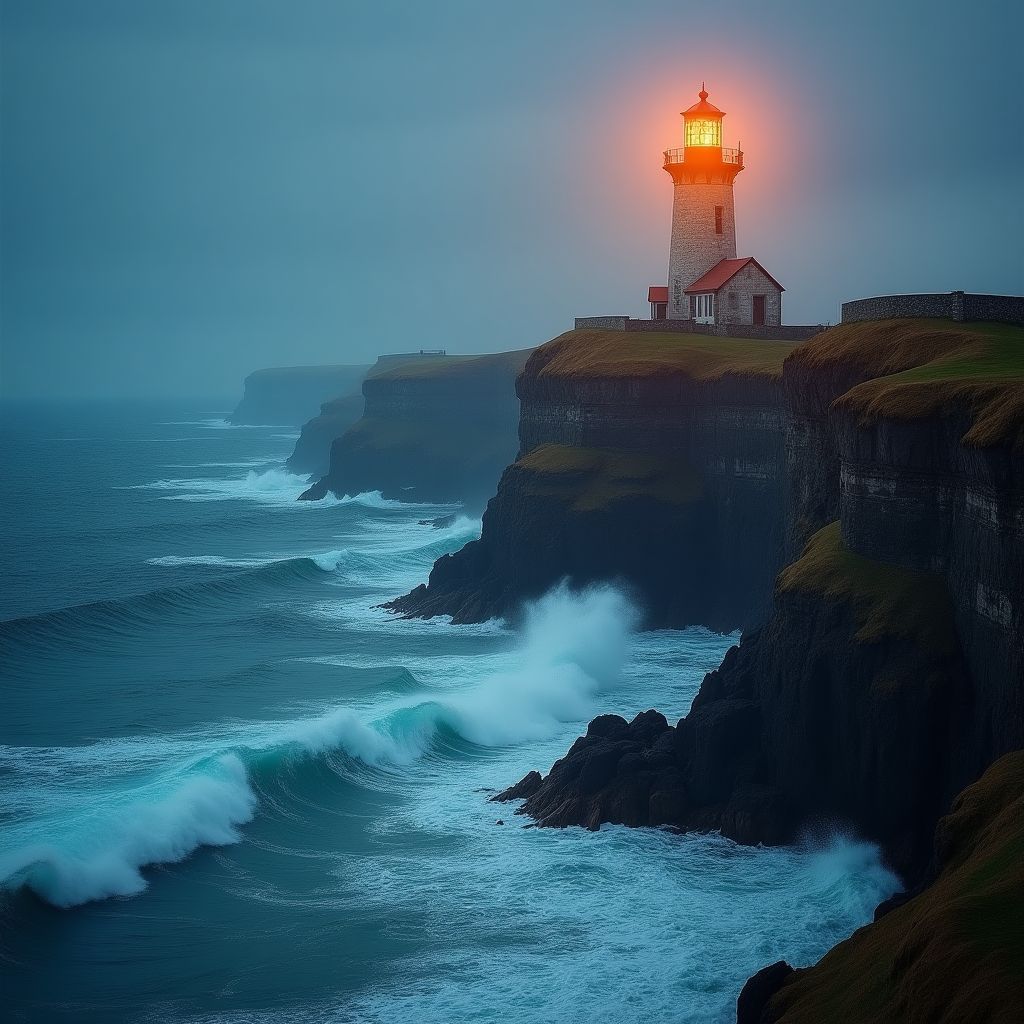 An old lighthouse on a cliff edge, waves breaking below, vivid saturated colour, glowing highlights, rich contrast, crisp photograph