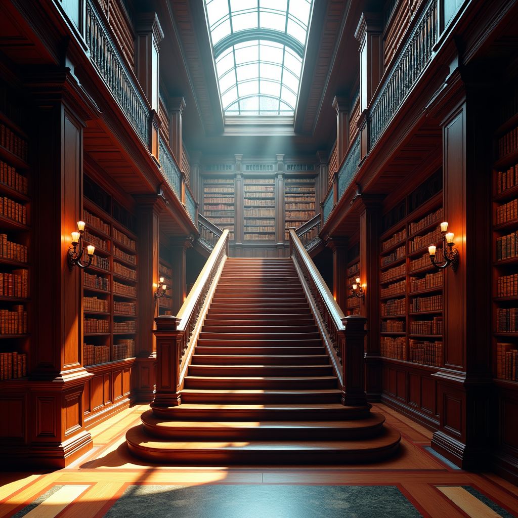 A grand library staircase with tall shelves and a skylight, vivid saturated colour, glowing highlights, rich contrast, crisp photograph