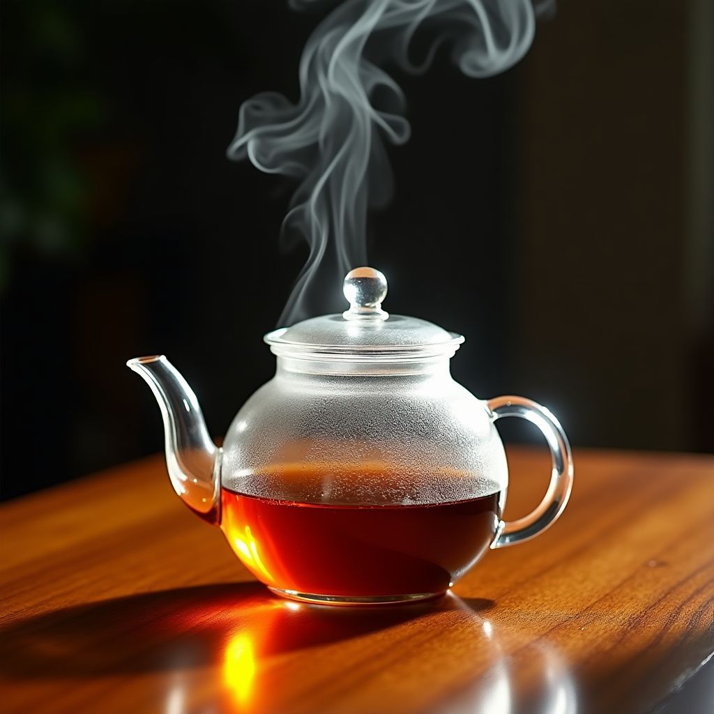 A glass teapot with steam rising, on a wooden table, vivid saturated colour, glowing highlights, rich contrast, crisp photograph
