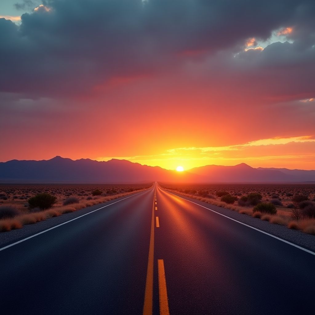 An empty desert highway at dawn, mountains on the horizon, vivid saturated colour, glowing highlights, rich contrast, crisp photograph