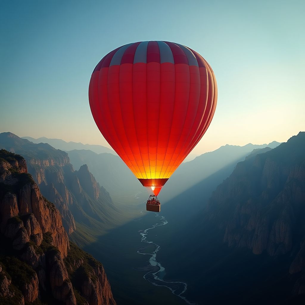 A hot-air balloon drifting over a mountain valley, vivid saturated colour, glowing highlights, rich contrast, crisp photograph